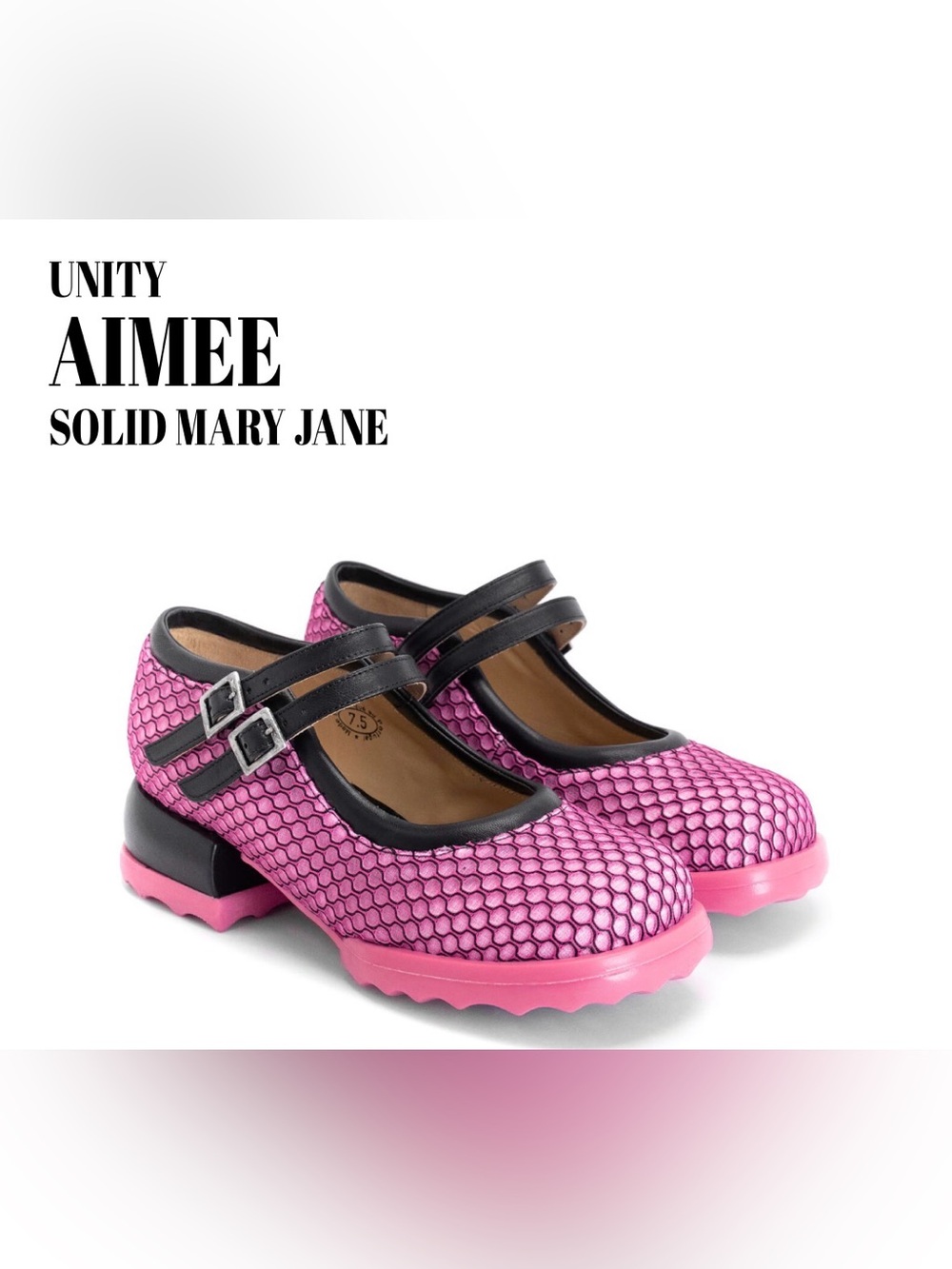 Fluevog LIKE NEW Unity Aimee pink/black textured mesh double buckle strap MJ - 6